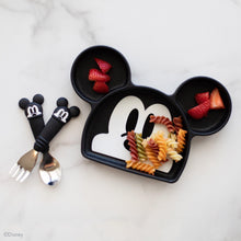 Load image into Gallery viewer, A kid's meal with rotini and strawberries on Mickey Mouse plate is paired with Bumkins Spoon + Fork: Mickey Mouse on a marble background.

