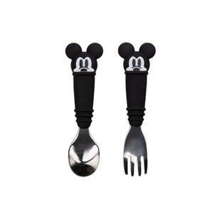 Bumkins Spoon + Fork: Mickey Mouse includes two utensils with Mickey Mouse-shaped silicone handles and stainless steel heads.