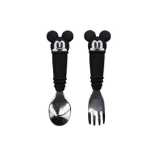 Load image into Gallery viewer, Bumkins Spoon + Fork: Mickey Mouse includes two utensils with Mickey Mouse-shaped silicone handles and stainless steel heads.
