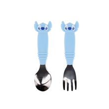 Load image into Gallery viewer, Bumkins Spoon + Fork: Stitch includes 2 utensils with blue Stitch-shaped silicone handles and stainless steel heads.
