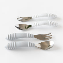 Load image into Gallery viewer, Bumkins Spoon + Fork: Gray sits in front of another fork and spoon set on a white background.
