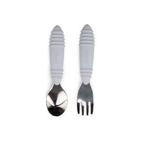Bumkins Spoon + Fork: Gray includes two utensils with gray ribbed silicone handles and stainless steel heads.