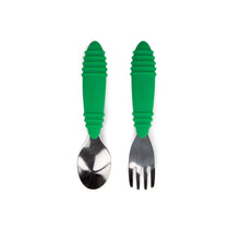 Load image into Gallery viewer, Bumkins Spoon + Fork: Jade includes two utensils with dark green ribbed silicone handles and stainless steel heads.
