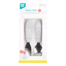 Load image into Gallery viewer, Bumkins Spoon + Fork: Marble is shown in a white packaging box with a clear front window displaying the set of utensils.
