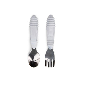 Bumkins Spoon + Fork: Marble includes two utensils with white & gray marble ribbed silicone handles and stainless steel heads.