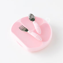 Load image into Gallery viewer, Bumkins Grip Dish: Pink, pink handle handle utensil, and Bumkins Silicone Stretch Lid is neatly arranged on a white background.
