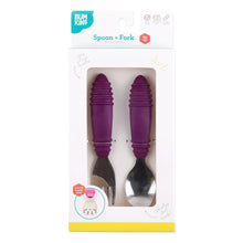 Load image into Gallery viewer, Bumkins Spoon + Fork: Purple is shown in a white packaging box with a clear front window displaying the set of utensils.
