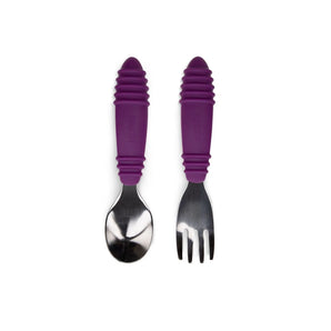 Bumkins Spoon + Fork: Purple includes two utensils with purple ribbed silicone handles and stainless steel heads.