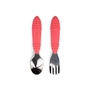Bumkins Spoon + Fork: Red includes two utensils with red ribbed silicone handles and stainless steel heads.