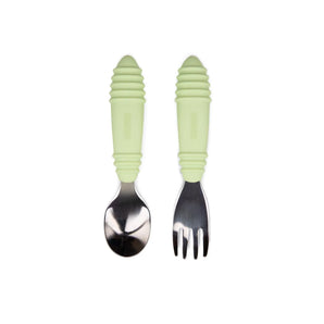 Bumkins Spoon + Fork: Sage includes two utensils with light green ribbed silicone handles and stainless steel heads.