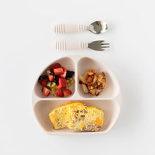 Load image into Gallery viewer, A divided plate with an omelette, fruit, and potatoes sits beneath Bumkins Spoon + Fork: Sand on a white background.
