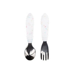 Bumkins Spoon + Fork: Vanilla Sprinkle includes a set of 2 toddler utensils with white and colorful speckle handles, ideal for self-feeding.