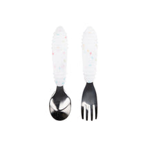 Load image into Gallery viewer, Bumkins Spoon + Fork: Vanilla Sprinkle includes a set of 2 toddler utensils with white and colorful speckle handles, ideal for self-feeding.
