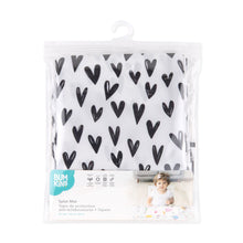 Load image into Gallery viewer, Bumkins Splat Mat: Hearts is shown folded in plastic packaging bag with a hanger and cardboard insert.
