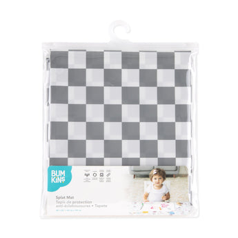 Bumkins Splat Mat: Charcoal Check is shown folded in a plastic packaging bag with a hanger and cardboard insert.