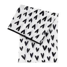 Load image into Gallery viewer, Bumkins Splat Mat: Hearts—white waterproof fabric with black heart pattern and trim with an easy-wipe surface.
