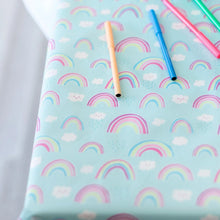 Load image into Gallery viewer, Close-up of colorful markers on a Bumkins Splat Mat: Rainbows.
