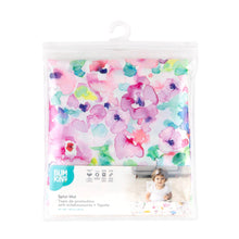 Load image into Gallery viewer, Bumkins Splat Mat: Watercolor is shown folded in plastic packaging bag with a hanger and cardboard insert.
