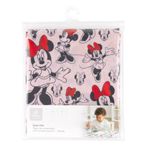 Load image into Gallery viewer, Bumkins Splat Mat: Minnie Mouse is shown folded in plastic packaging bag with a hanger and cardboard insert.
