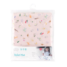 Load image into Gallery viewer, Bumkins Splat Mat: Princess Magic is shown folded in plastic packaging bag with a hanger and cardboard insert.

