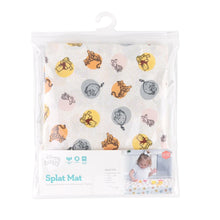 Load image into Gallery viewer, Bumkins Splat Mat: Winnie and Friends is shown folded in plastic packaging bag with a hanger and cardboard insert.
