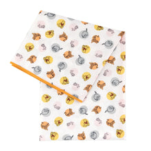 Load image into Gallery viewer, Bumkins Splat Mat: Winnie and Friends features a colorful Winnie the Pooh pattern on white waterproof fabric with an orange trim.
