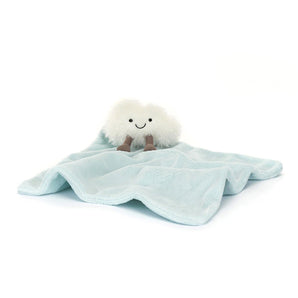 A Jellycat Soother Amuseables Cloud featuring a plush white cloud with brown legs attached to a soft, light blue baby blanket.