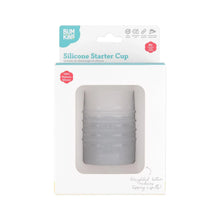 Load image into Gallery viewer, Bumkins Silicone Starter Cup: Gray is shown in a white packaging box, with a front window displaying the cup.
