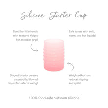 Load image into Gallery viewer, Infographic of Bumkins Silicone Starter Cup: 100% food-safe platinum silicone, weighted bottom, safe to use with cold and hot liquids.
