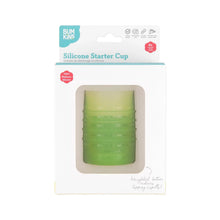 Load image into Gallery viewer, Bumkins Silicone Starter Cup: Sage is shown in a white packaging box, with a front window displaying the cup.
