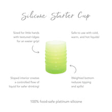 Load image into Gallery viewer, Infographic of Bumkins Silicone Starter Cup: 100% food-safe platinum silicone, weighted bottom, safe to use with cold and hot liquids.
