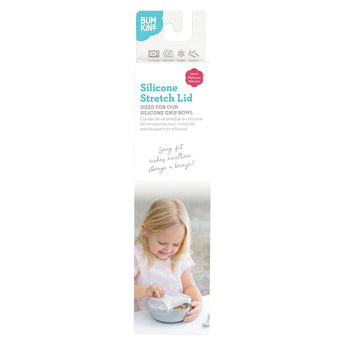 Bumkins Silicone Stretch Lid for Grip Bowl is shown in a white packaging box with a photo of a child using the product.