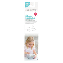 Load image into Gallery viewer, Bumkins Silicone Stretch Lid for Grip Bowl is shown in a white packaging box with a photo of a child using the product.
