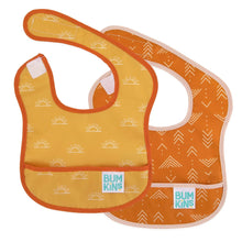 Load image into Gallery viewer, Bumkins Starter Bib 2 Pack: Sunshine and Grounded includes two waterproof bibs with a hook-and-loop neck closure and front pocket.

