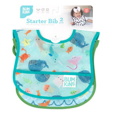 Load image into Gallery viewer, Bumkins Starter Bib 2 Pack: Ocean Life &amp; Whale Tail is shown on a white packaging header.
