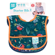 Load image into Gallery viewer, Bumkins Starter Bib 2 Pack: Jungle &amp; Animal Prints is shown on a white packaging header.
