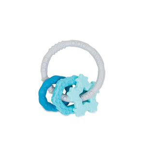 Bumkins Silicone Teething Charms: Blue includes a gray ring with 3 blue charms, all made of textured food-safe silicone.