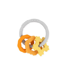 Load image into Gallery viewer, Bumkins Silicone Teething Charms: Orange features textured orange and yellow stars and circles with a gray ring for teething relief.
