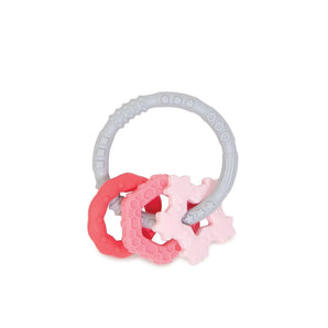 Bumkins Silicone Teething Charms: Pink includes a gray ring with 3 pink and red charms, all made of textured food-safe silicone.