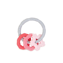 Load image into Gallery viewer, Bumkins Silicone Teething Charms: Pink includes a gray ring with 3 pink and red charms, all made of textured food-safe silicone.

