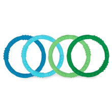 Load image into Gallery viewer, Bumkins Silicone Teething Rings 4 Pack: Summer includes 4 teething rings in greens and blues made from textured, food-safe silicone.

