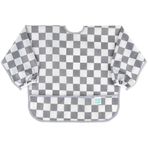 Bumkins Sleeved Bib: Charcoal Check features a gray and white checkered waterproof fabric, long sleeves, and a bottom pocket.