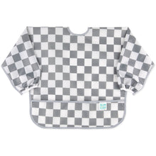 Load image into Gallery viewer, Bumkins Sleeved Bib: Charcoal Check features a gray and white checkered waterproof fabric, long sleeves, and a bottom pocket.
