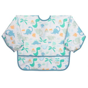 Bumkins Sleeved Bib: Dinosaurs features long sleeves, front pocket, and vibrant dinosaur prints on white waterproof fabric with blue trim.
