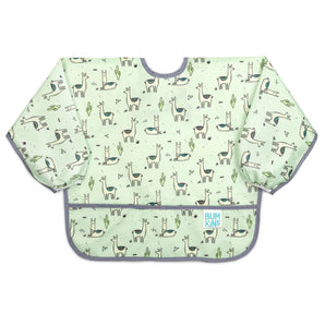 Bumkins Sleeved Bib: Llamas is a light green waterproof sleeved bib with a llama and cactus print, gray trim, and front pocket.