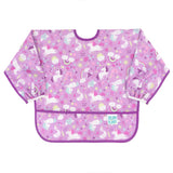Bumkins Sleeved Bib: Unicorns is a long sleeved bib made of purple waterproof fabric with a unicorn and rainbow print.