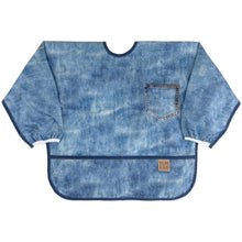 Load image into Gallery viewer, Bumkins Sleeved Bib: Vintage Denim features blue denim printed waterproof fabric with a pocket design, front pocket, &amp; elastic cuffs.
