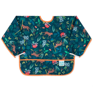 Bumkins Sleeved Bib: Jungle is made of dark teal waterproof fabric with animal illustrations, orange trim, and front pocket.