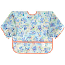 Load image into Gallery viewer, Bumkins Sleeved Bib: Aloha Stitch—pastel Disney design with Stitch cartoons, instruments, and plants; orange trim &amp; waterproof with long sleeves.
