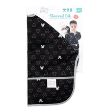 Load image into Gallery viewer, Bumkins Sleeved Bib: Mickey Mouse Icon Black + White is shown folded in its packaging.
